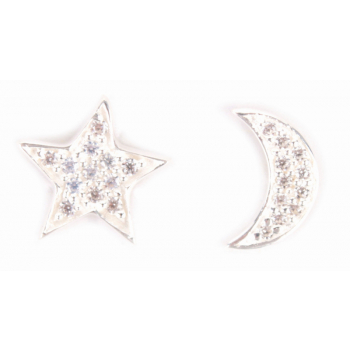 Clous d'oreille lune étoile, Argent 925ème (1,25g) et Zirconium, L 1 cm, 