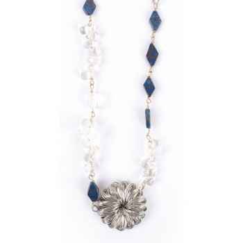 Collier laiton, Lapis lazuli et cristal de roche, L env 54 cm, pendentif Ø 3 cm, 