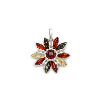 Pendentif fleur ambre multicolore et argent