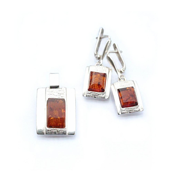 Parure boucle d'oreille et pendentif, ambre et argent