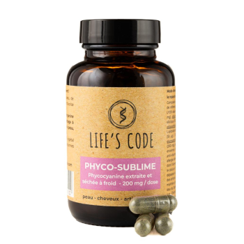 Phyco-Sublime 200 : Phycocyanine lyophilisée 200 mg par dose + 9 acteurs protégeant la peau, les articulations - 60 gélules végétales - Cure de 1 mois