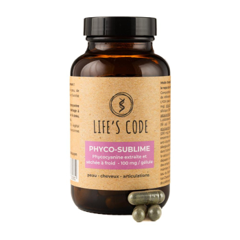 Phyco-Sublime 100 : Phycocyanine lyophilisée 100 mg par dose + 6 acteurs protégeant la peau et les articulations - 90 gélules végétales
