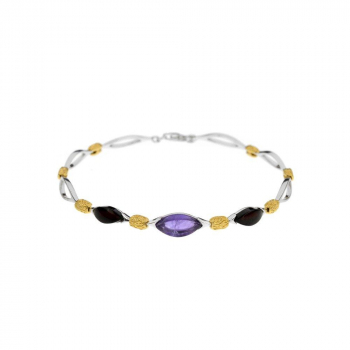 Bracelet en améthyste et ambre cerise sur argent rhodié 925.