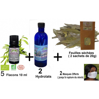 Mandravasarotra ( saro) Offre globale 2 : 5 flacons 10 ml Huile essentielle + 2 flacons d'Hydrolat 200 ml + 2 sachet de feuilles  ( 20 g).