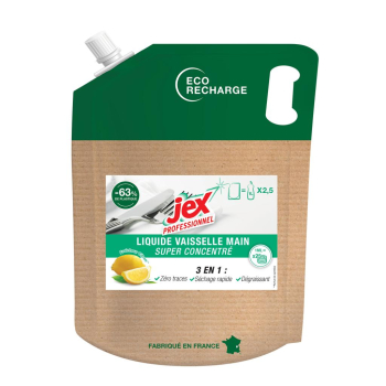 Jex Professionnel - Liquide vaisselle - Concentré - 3en1 - Nettoie, dégraisse et parfume - Zéro traces - Parfum citron - Format Eco-recharge 2,5L