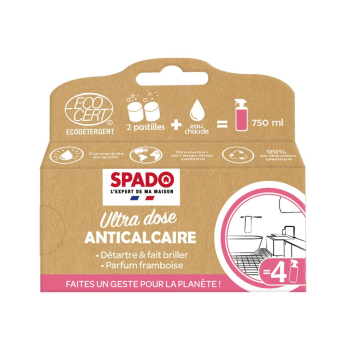 SPADO - Anti Calcaire - Nettoie, détartre & fait briller - Ultra dose - Ecocert - Parfum framboise - 8 pastilles équivalent 4x750ml 
