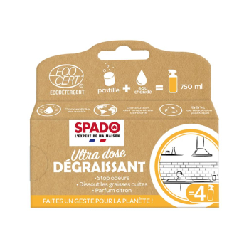 SPADO - Nettoyant Dégraissant - Ultra dose - Ecocert - Dissout les graisses cuites - Parfum citron - 4 pastilles équivalent 4 x 750 ml