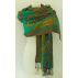 Étole laine bouillie transparente, brodée à la main sur des motifs paisley - vert et multicolore