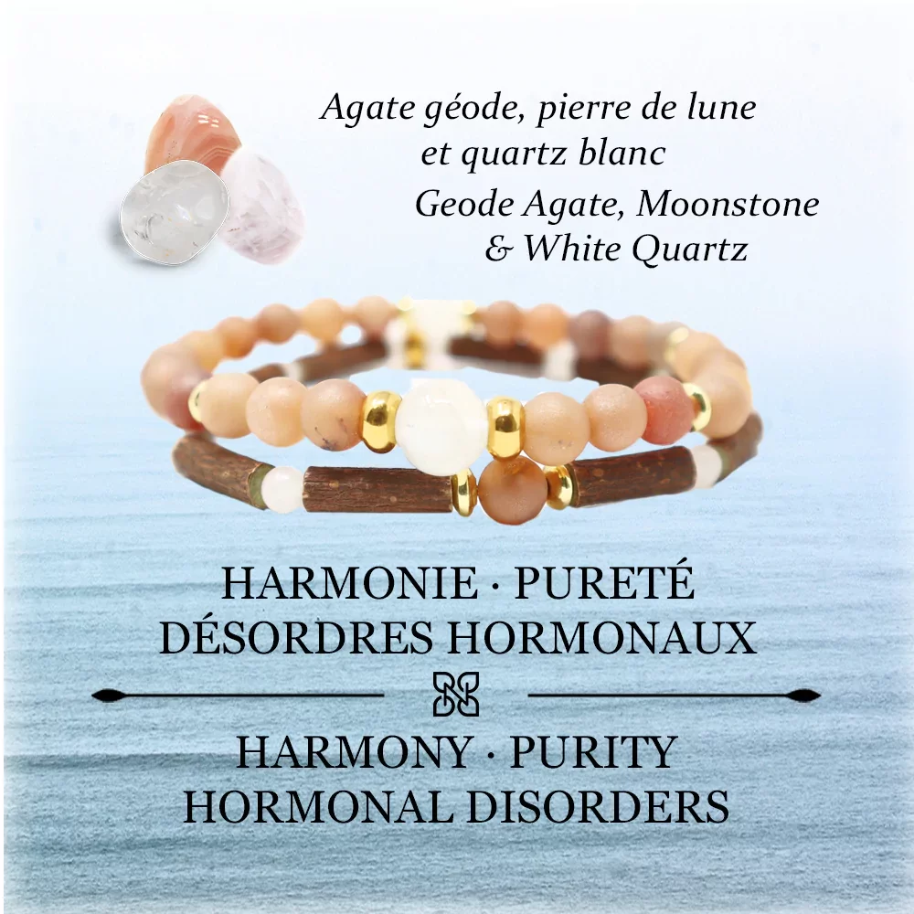 Collection émotions duo de bracelets en noisetier à long bec agate géode pierre de lune et quartz blanc 18cm Pur Noisetier