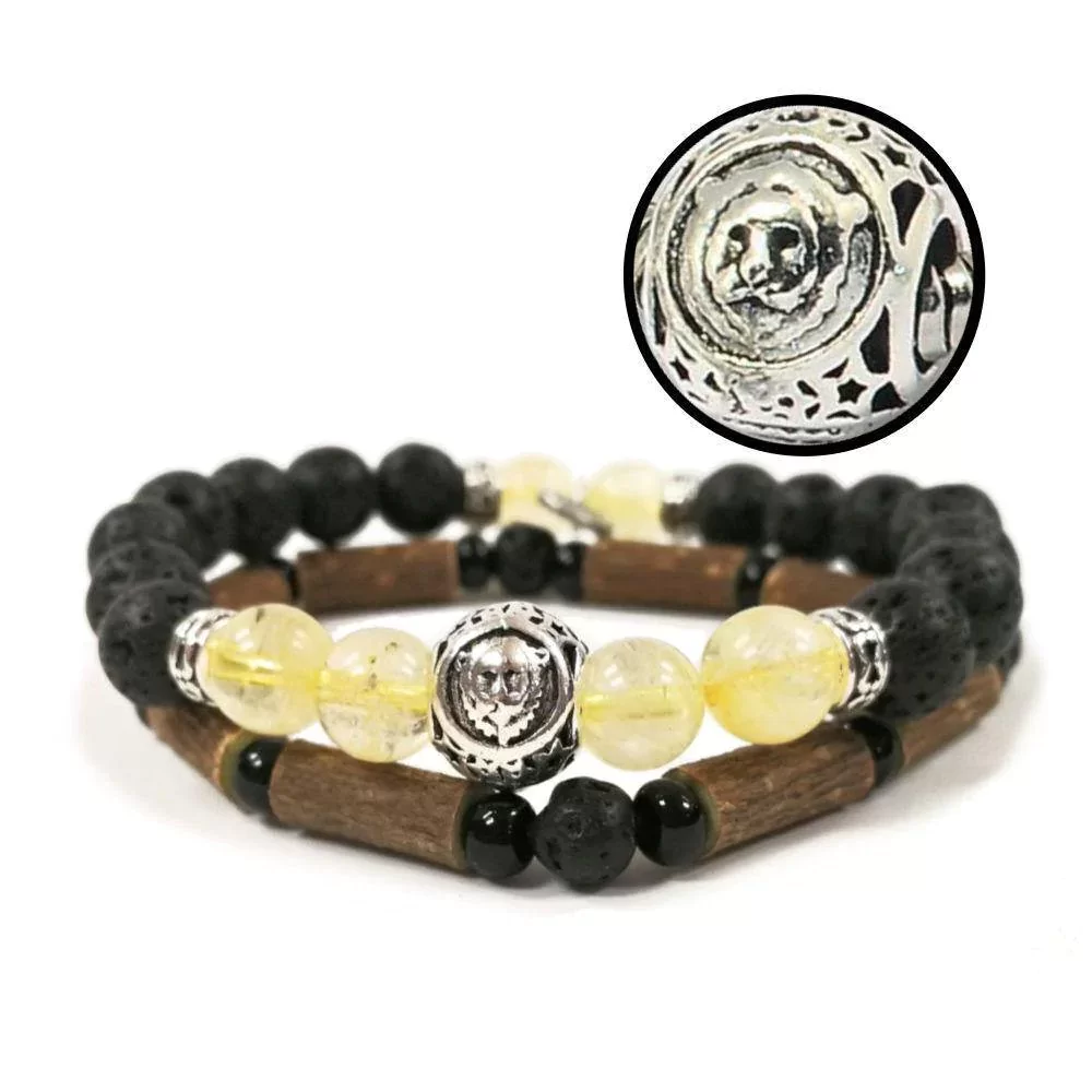 Collection zodiaque Lion duo de bracelets en noisetier à long bec, pierres de lave et citrine 18cm Pur Noisetier