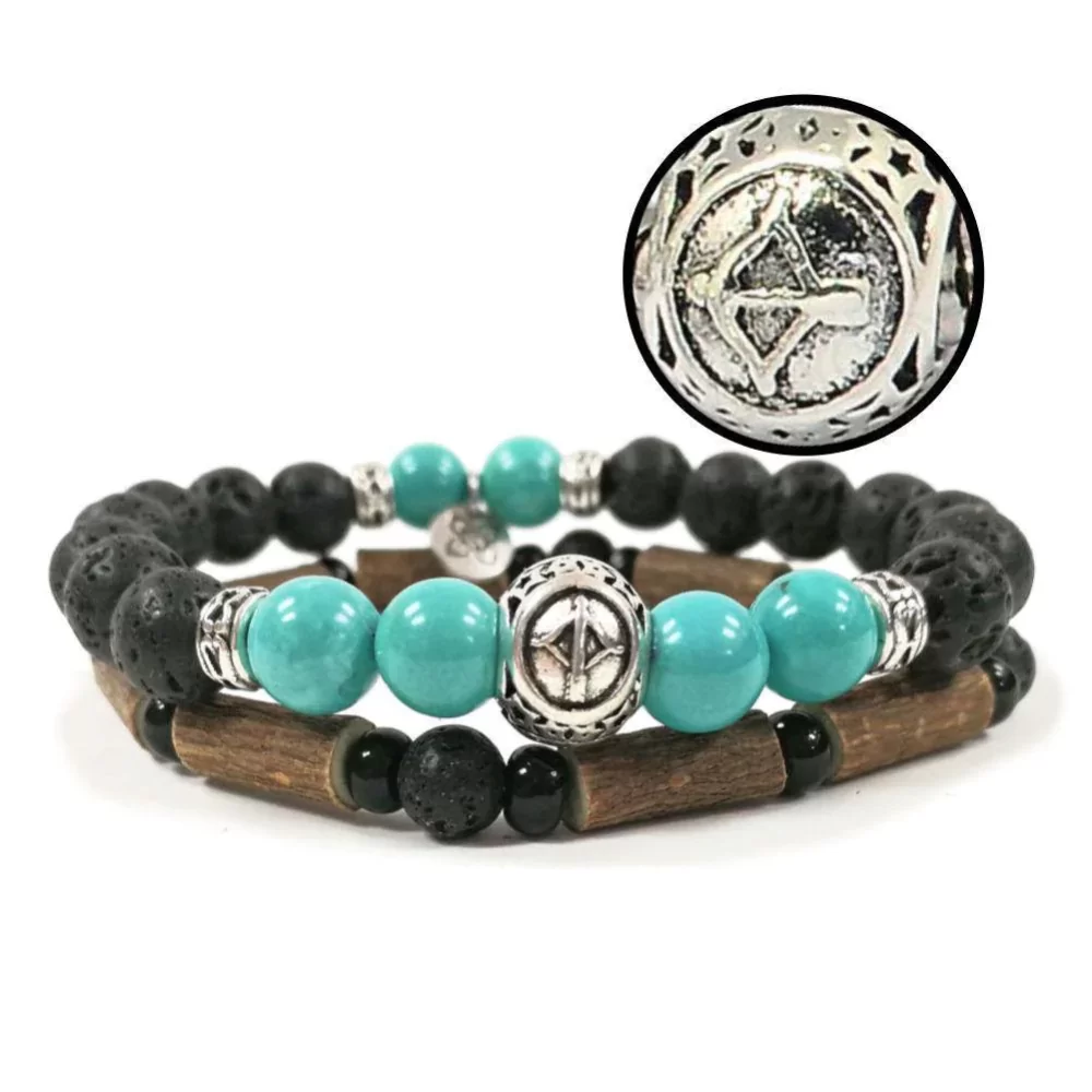 Collection zodiaque Sagittaire duo de bracelets en noisetier à long bec, pierres de lave et turquoise 18cm Pur Noisetier